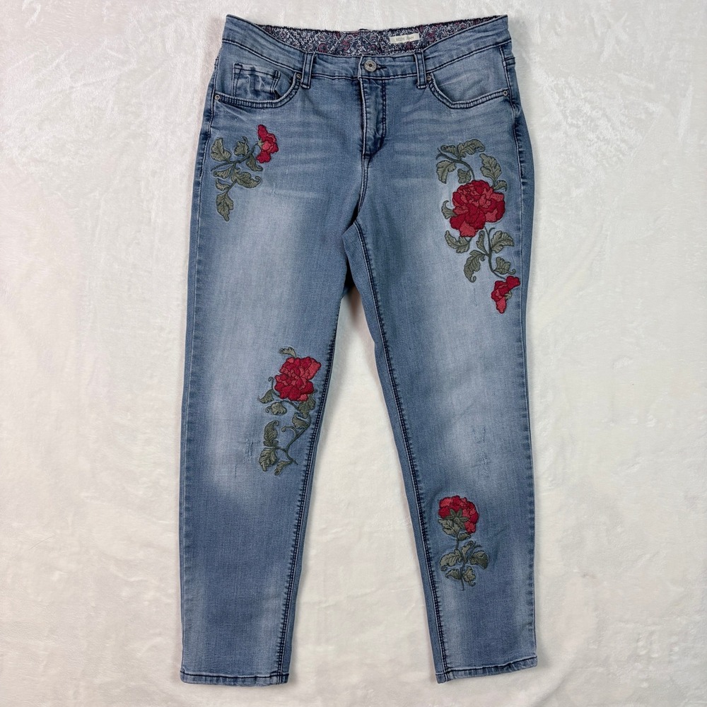 Vintage America Blues Bestie Jean Women 12/31 Blue Excellent Floral Embroidered
